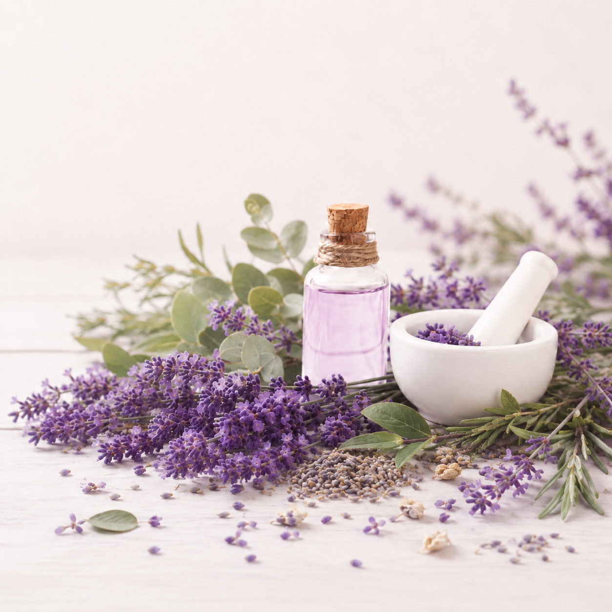 Lavendel, Mörser und Ölfläschchen als Symbol für Aromatherapie