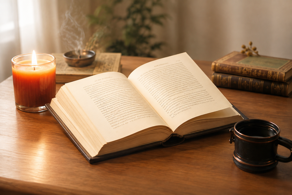 Buch mit Kerze auf Holztisch als Symbol für Reading und innere Einkehr