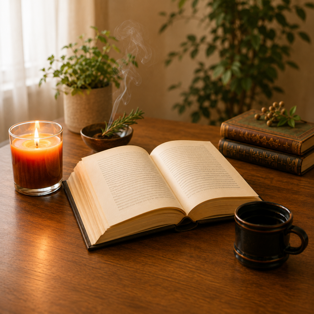 Buch mit Kerze auf Holztisch als Symbol für Reading und innere Einkehr